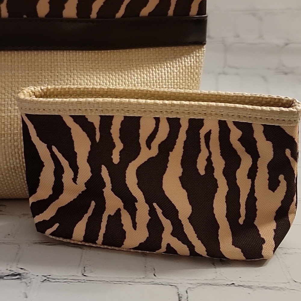 Estee Lauder Mini Tote with coin purse Tan Burlap and Brown and Tan Zebra Print - Picture 2 of 4